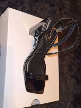 Aldo Black Patent Square-Toe Slingback Sandals with Thin Ankle Strap